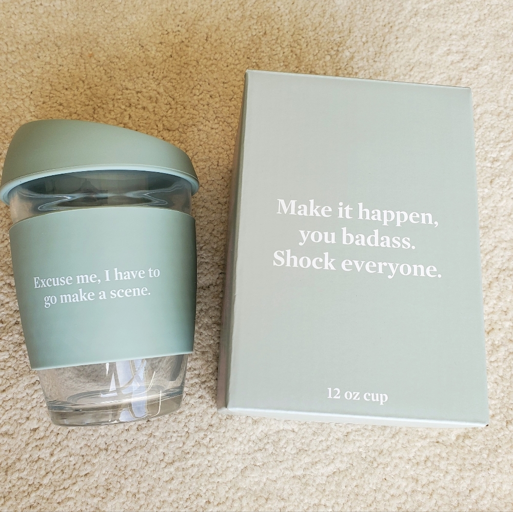 EXCUSE ME, I HAVE TO GO MAKE A SCENE 12oz Glass Travel Cup Mug with Cover NEW